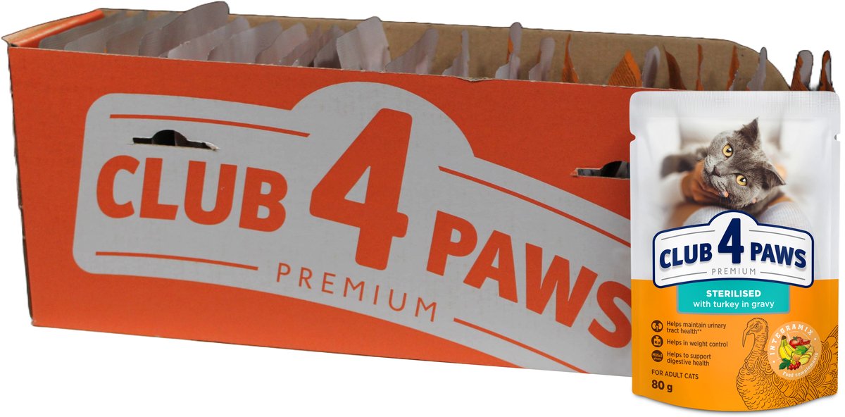 Kattenvoer Club 4 Paws - Kalkoen in Jus - 24x80gr Premium Natvoer Gesteriliseerde Katten