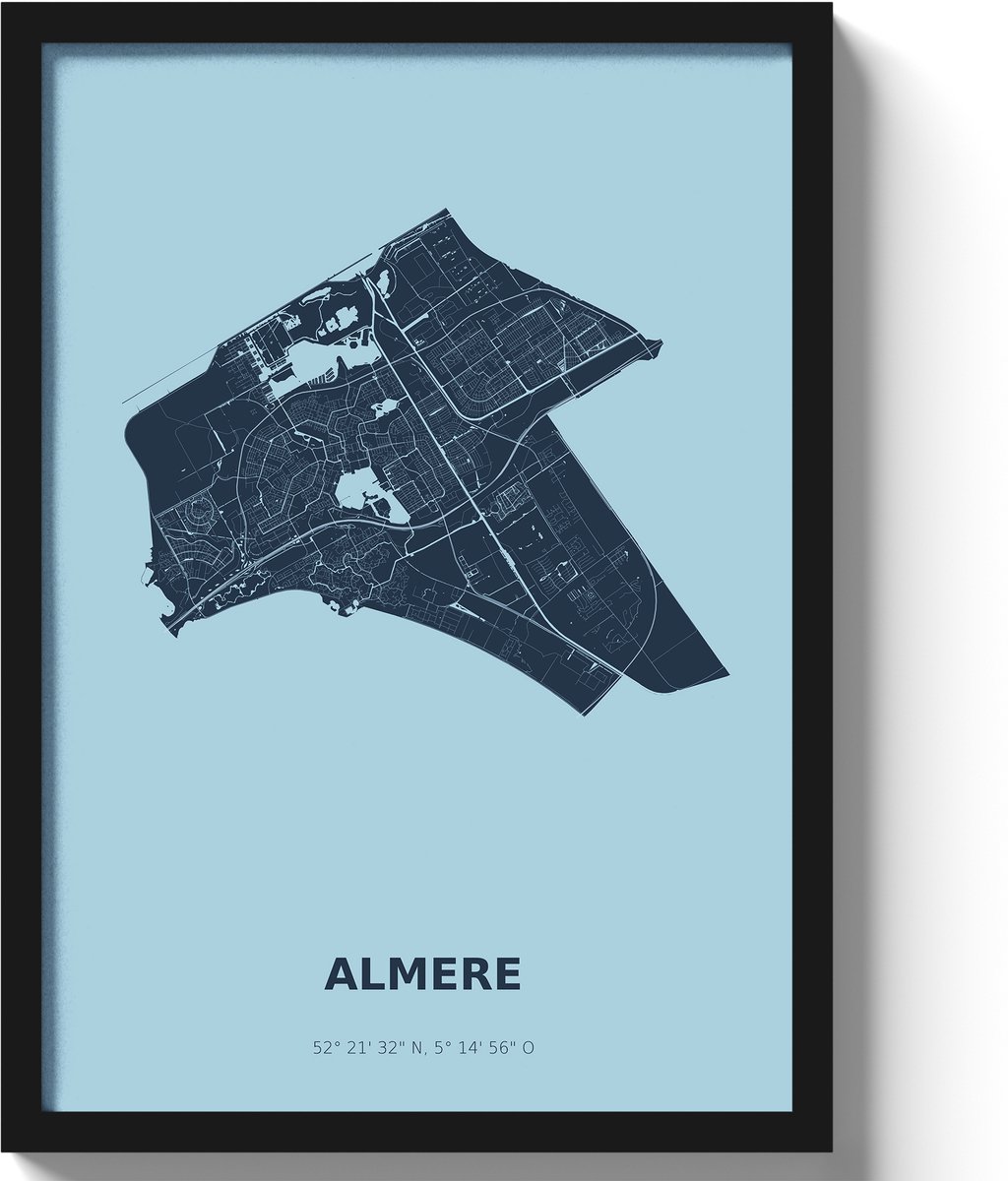 Poster Almere A2 - 42 x 59,4 cm - Blauw Inclusief lijst (Zwart MDF)