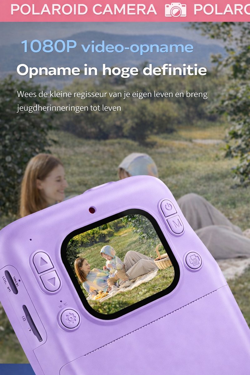Jumalu Instant Camera – 2.4" HD Camera met Selfie Functie – 1080p – Inclusief 4 Rollen Fotopapier – Direct Print Camera voor Kinderen – Paars/Lila thumbnail 3