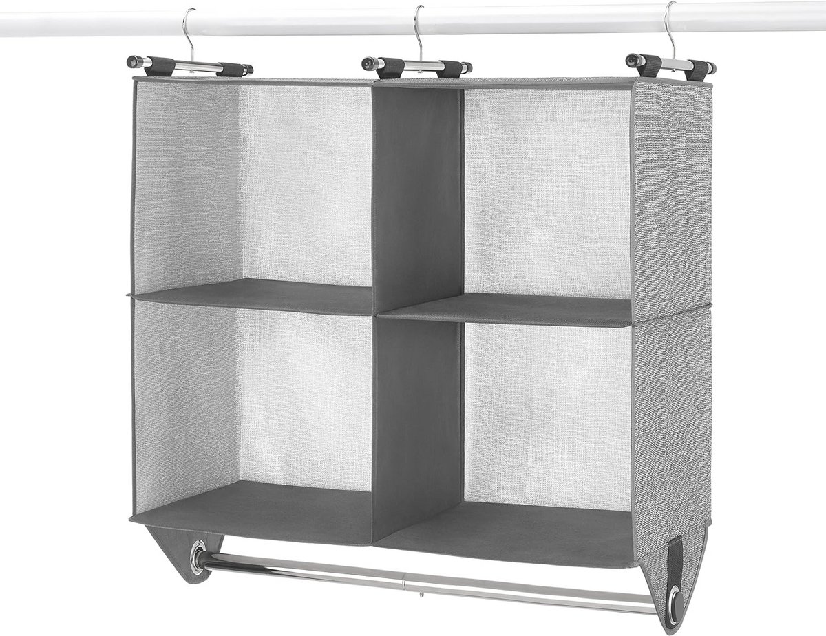 Kast-organizer met 4 vakken en chromen kledingstang