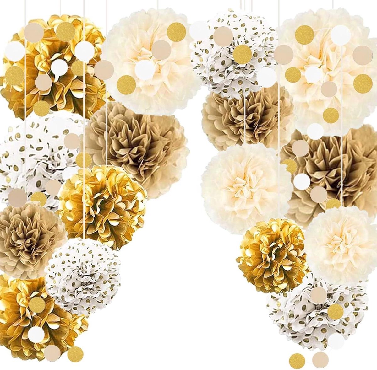 Allecta - Verjaardagsdecoratie set - Papieren pompons - Feestdecoratie voor themafeesten - Wit en goud thema - Gouden lint - Beige - 18 stuks