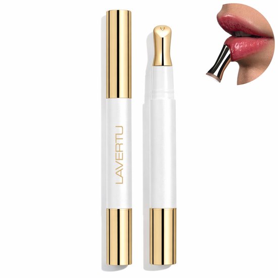 Witte pen met gouden doppen, een losse pen met applicator, en een close-up van een mond met glanzende lippen die de applicator gebruiken.