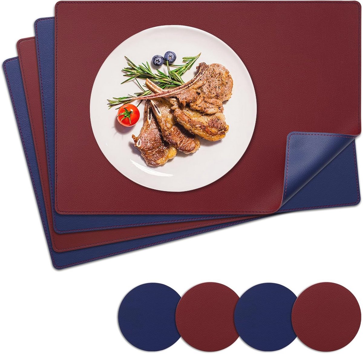 Hittebestendige ronde placemats set van 4 - Dubbelzijdig, antislip, afwasbaar, kunstleer