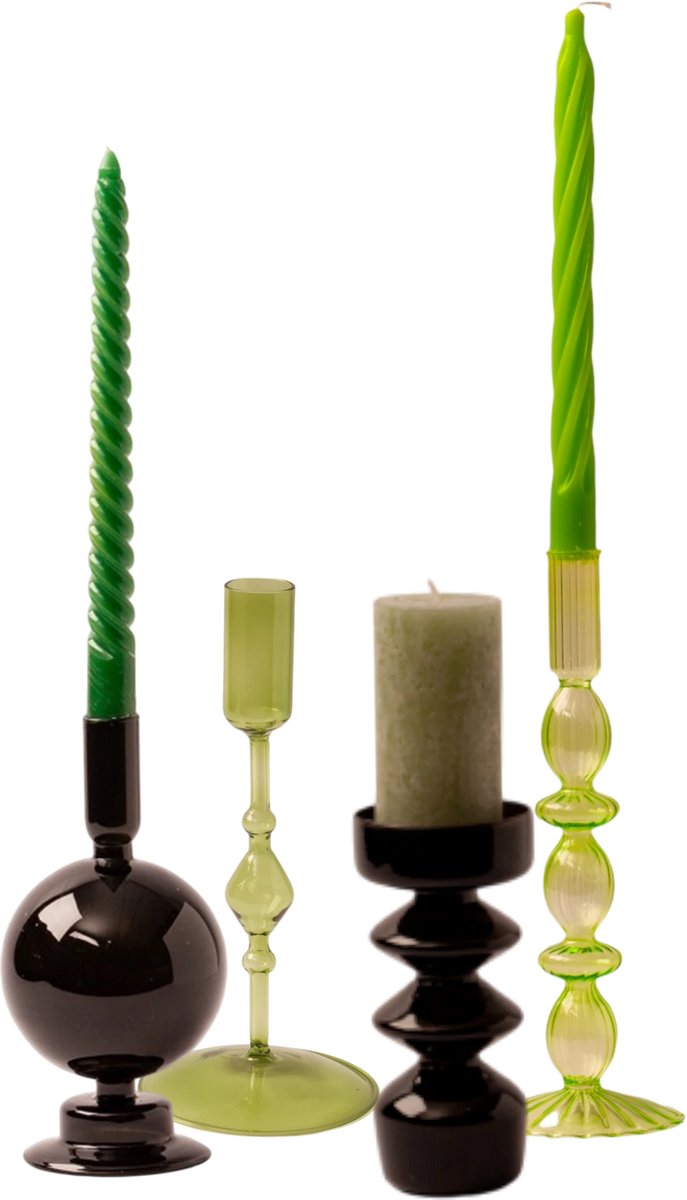 WinQ Kleurige Glaskandelaren in een Zwart/Groen Combinatie. Kaarsenhouder glas - Set bestaande uit 4 stuks – Decoratie woonkamer - Dinerkaarsen en/of Stompkaarsen
