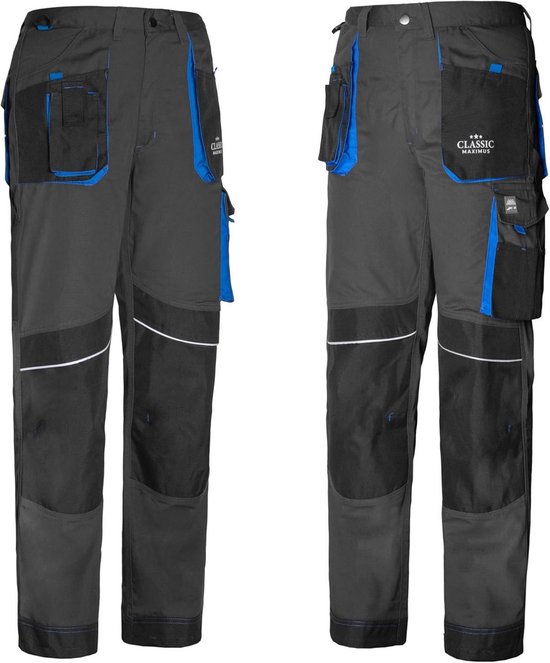 Voorkant en achterkant van een donkergrijze werkbroek met kobaltblauwe zakken en witte biezen.