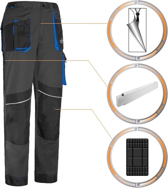 Donkergrijze werkbroek met kobaltblauwe accenten, zakken, witte biezen en weergave van rits, vouwmeter en kniebeschermers.