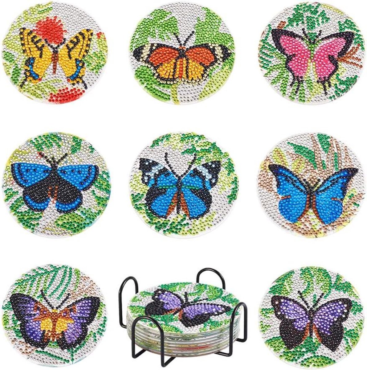 Allecta - Diamond Painting Kits - DIY - 8 stuks - Onderzetter Houder - Vlinder Coaster - Beginners - Home Decor