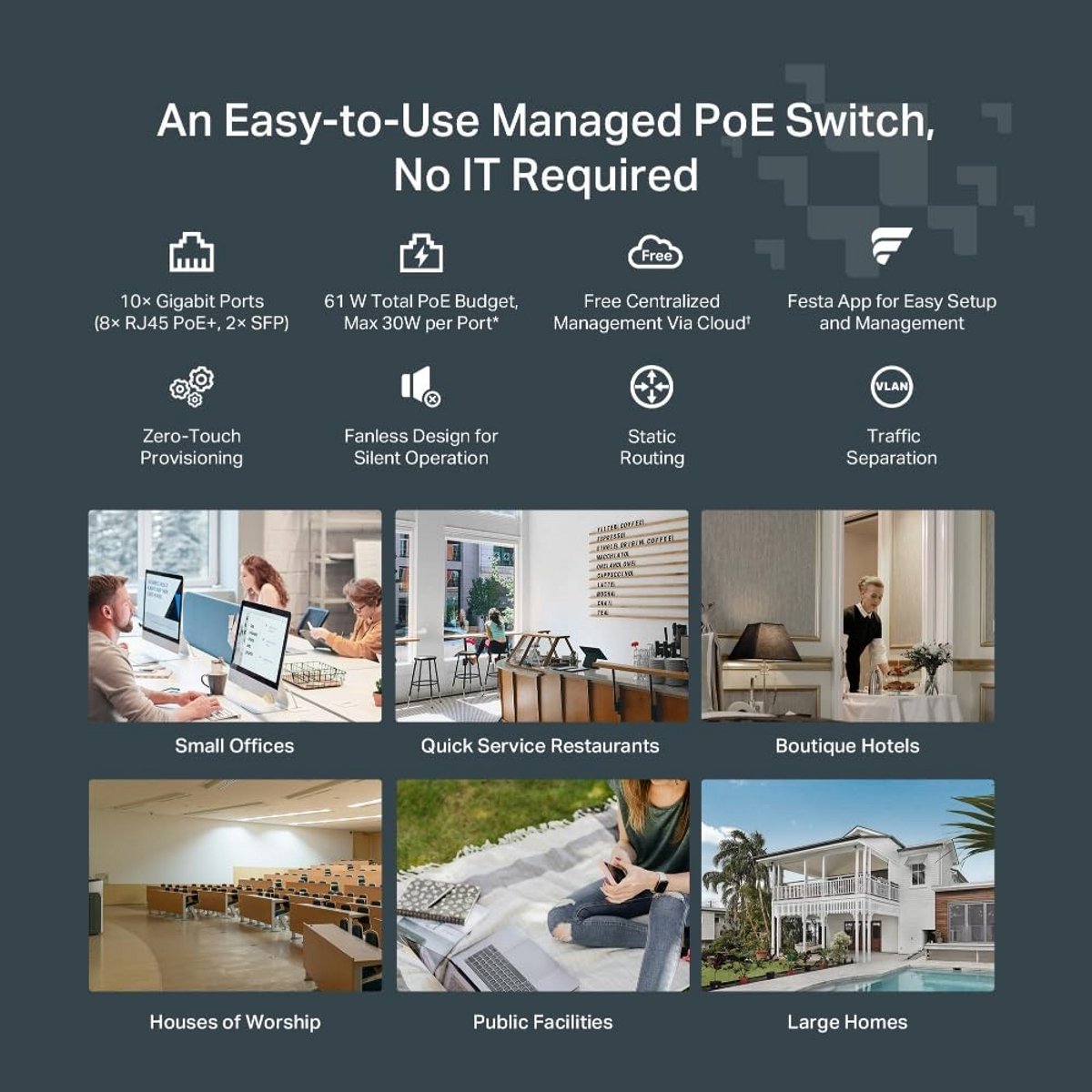 10-poorts Gigabit PoE+ Switch met 2 SFP Slots en Cloud Beheer