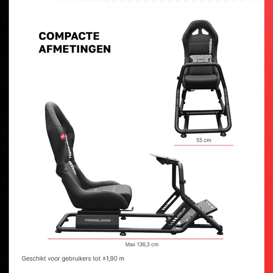 Zwart sim racing cockpit in grote en compacte opstelling. Max 136,3 cm lang, geschikt tot 1,90 m.