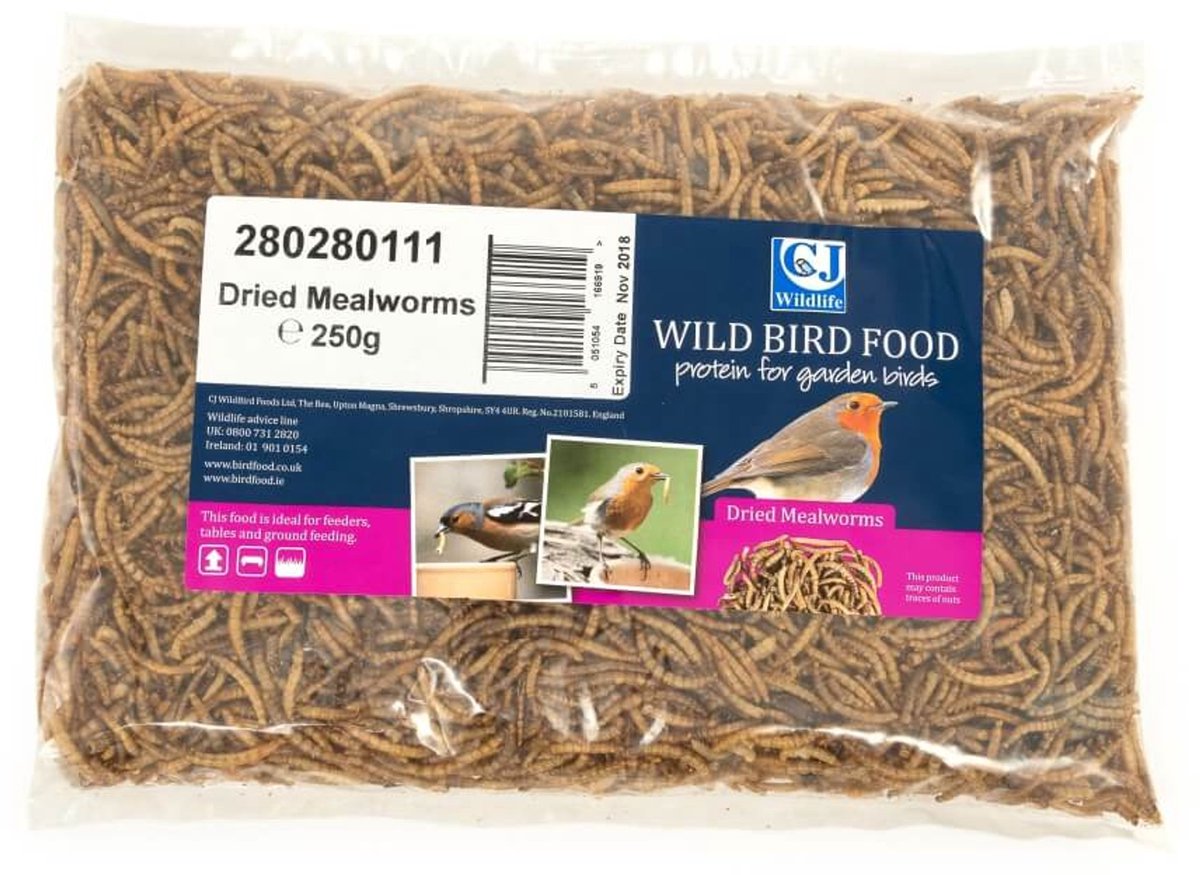 CJ Wildlife 250g Gedroogde Meelwormen voor Vogels - Eiwitrijk Vogelvoer voor Buitenvogels - Tuinvogelvoer voor Tuinvogels - Vrij van Zout en Toxines