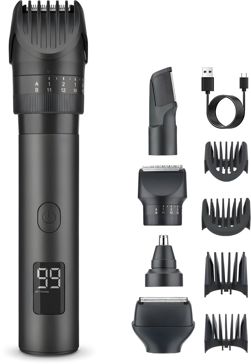 BAØRD 5 in 1 Baardtrimmer Pro - Verstelbaar 1-20mm - IPX6 Waterproof - Trimmer, Bodygroomer, Scheerapparaat voor Mannen - Snelladen via USBC - Baard Verzorging Tip - Grooming Set - Trimmen - Scheermachine - Baardverzorging - Tondeuse - Barber - Zwart