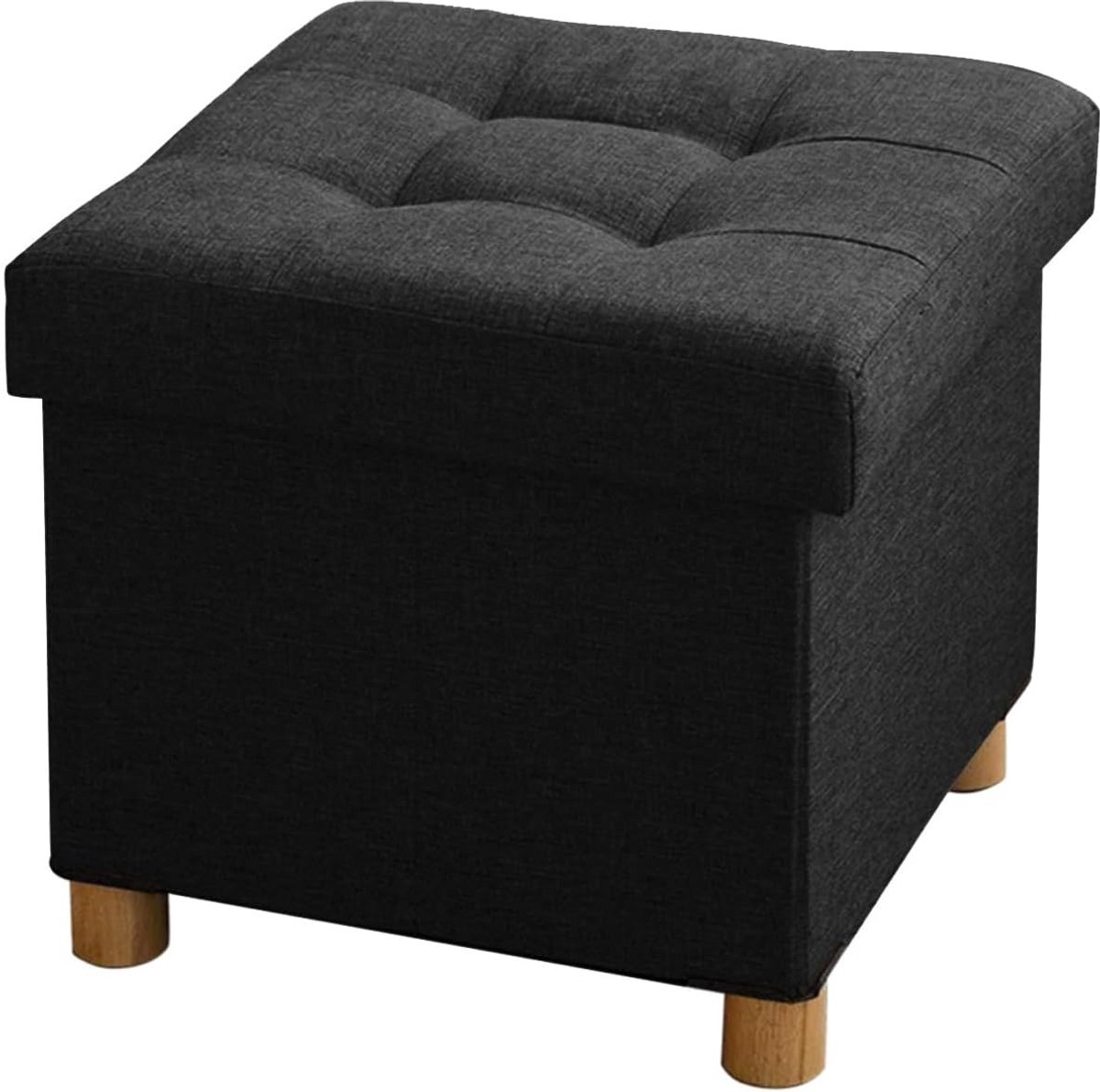 Opvouwbare Opbergpoef met Houten Poten - Multifunctionele Voetsteun en Kleine Bijzettafel - Zwart - 38 x 38 x 38 cm