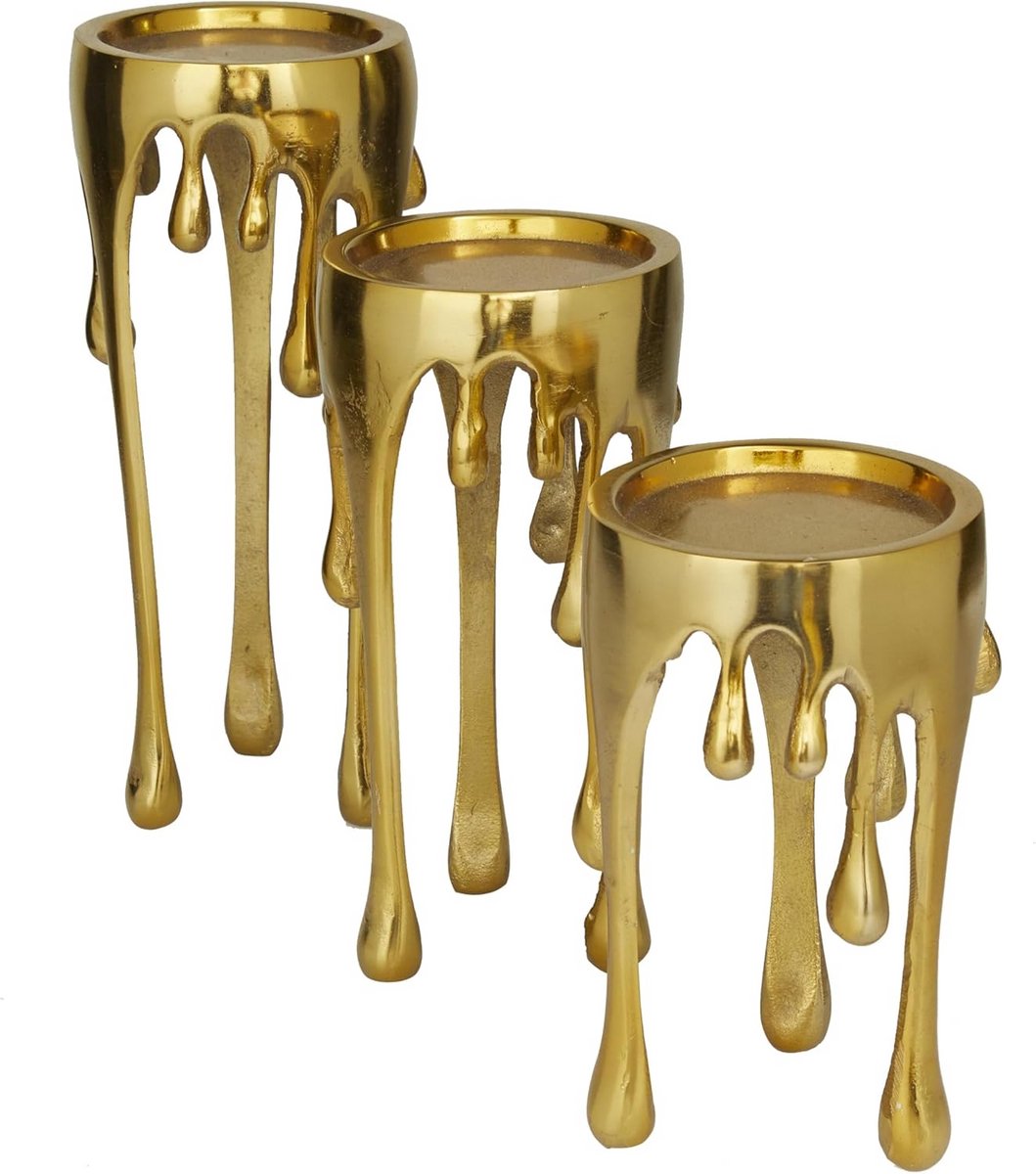 Set van 3 Aluminium Pillar Kaarsenhouders met Druipend Ontwerp - Goud