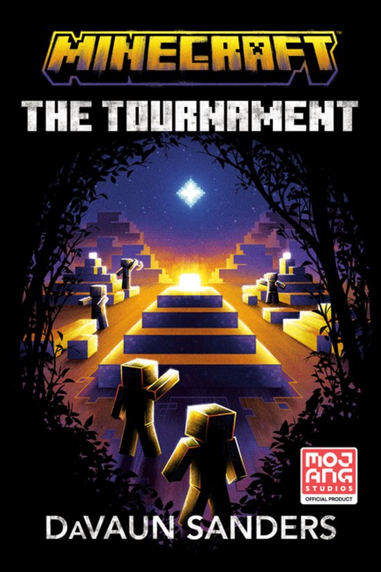Minecraft: The Tournament-boek met Minecraft-personages op een trapvormig podium, belicht door een gouden gloed.