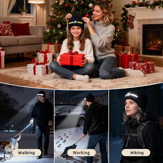 Een vrouw zet een zwarte muts met gele streep op een meisje. Kerstboom en cadeaus op de achtergrond.