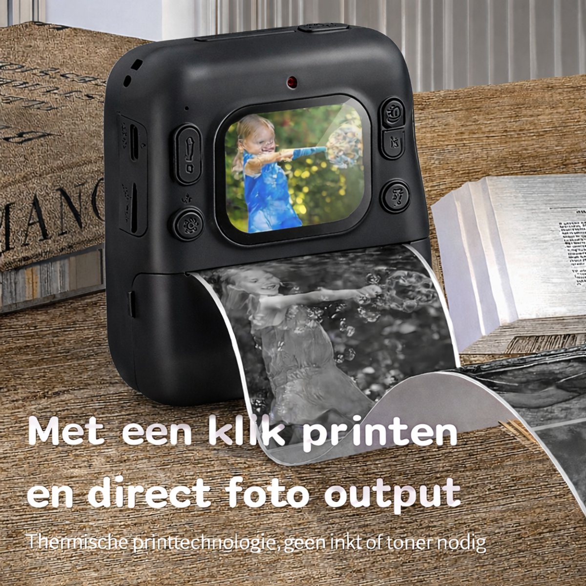 Jumalu Instant Camera – 2.4" HD Camera met Selfie Functie – 1080p – Inclusief 4 Rollen Fotopapier – Direct Print Camera voor Kinderen – Zwart thumbnail 3