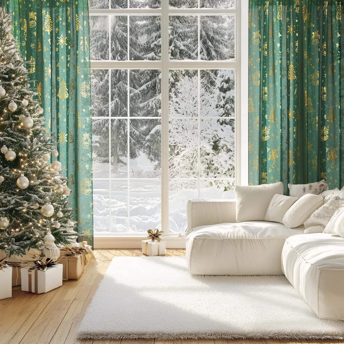 Unyqoos Feestelijke donkergroene gordijnen met gouden kerstmotieven in linnenlook Kerstgroen