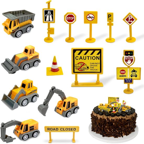 GUIZIYAO 18 Stuks Taartdecoratie Bouwvoertuigen Plastic Bouwplaats Voertuigen Verkeersborden Kinderen Straat Bord Topper Graafmachine Taart Decoratie