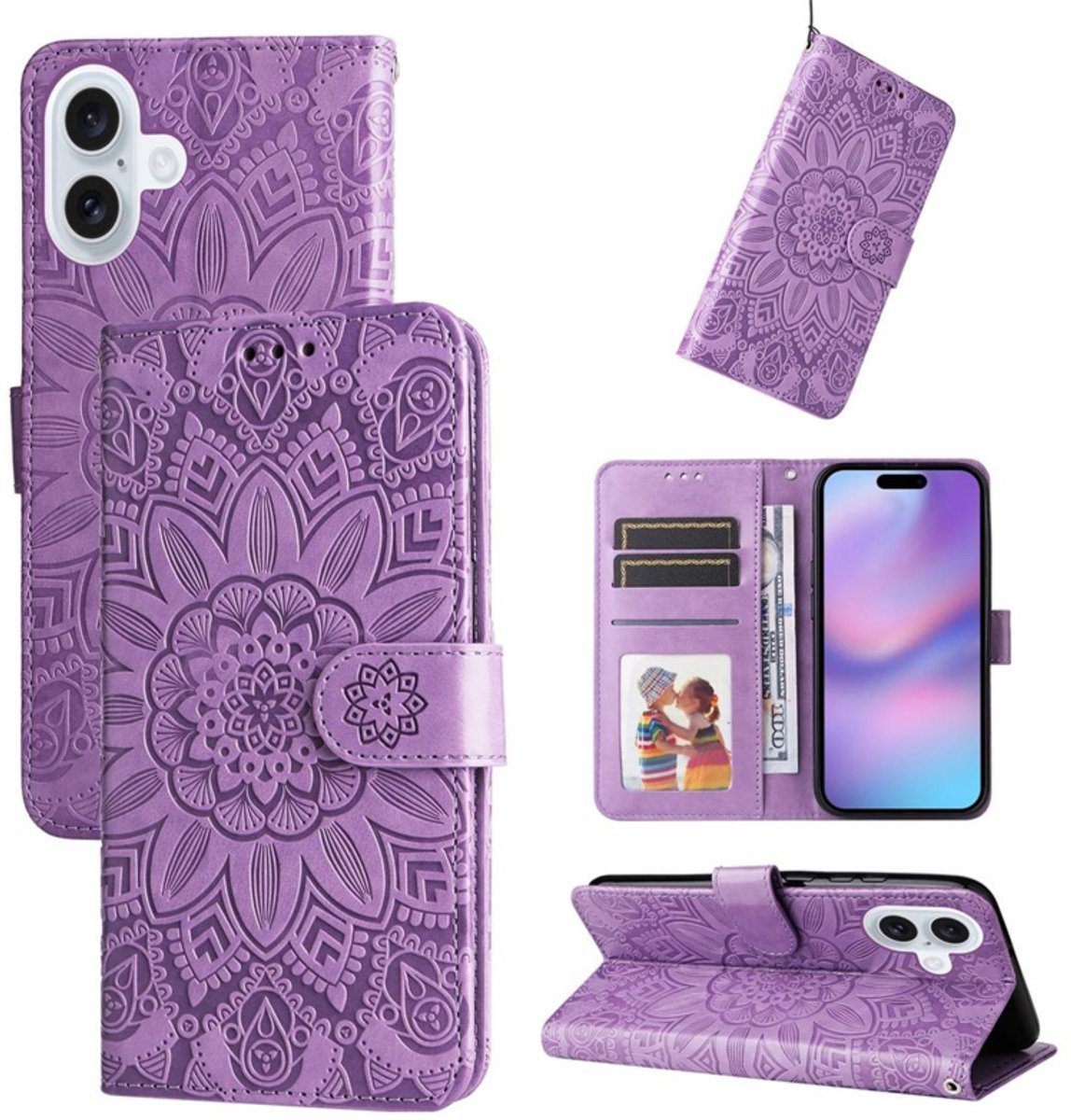 PU BoekCover Hoes Etui geschikt voor Apple iPhone 17 - Paars - Bloem-Motief in Reliëf