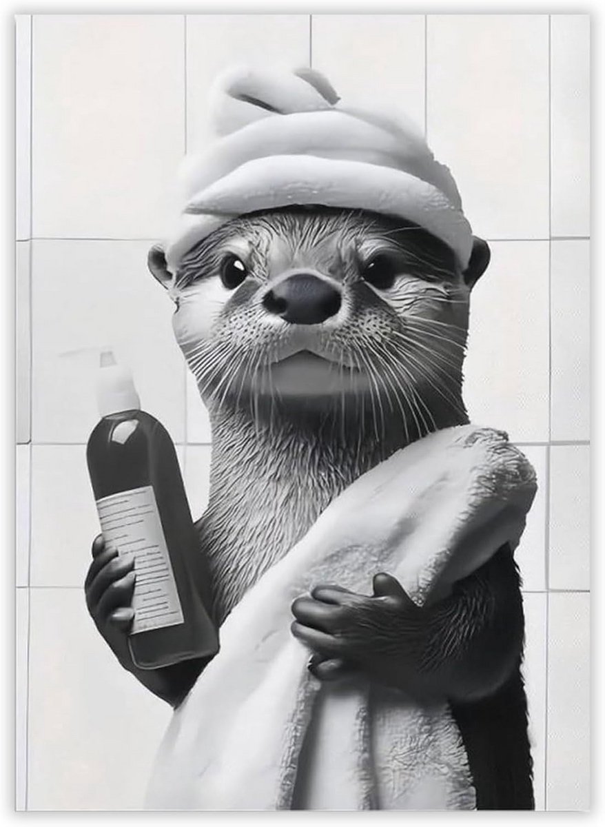 Grappige poster voor badkamerdecoratie - Otter met badmuts - 20 x 30 cm