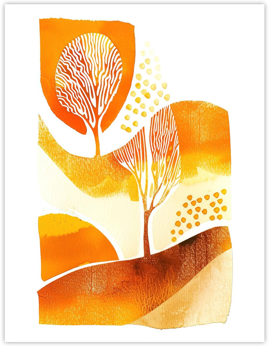 Unyqoos Grote abstracte aquarelposter met herfstbomen voor woonkamerdecoratie, oranje