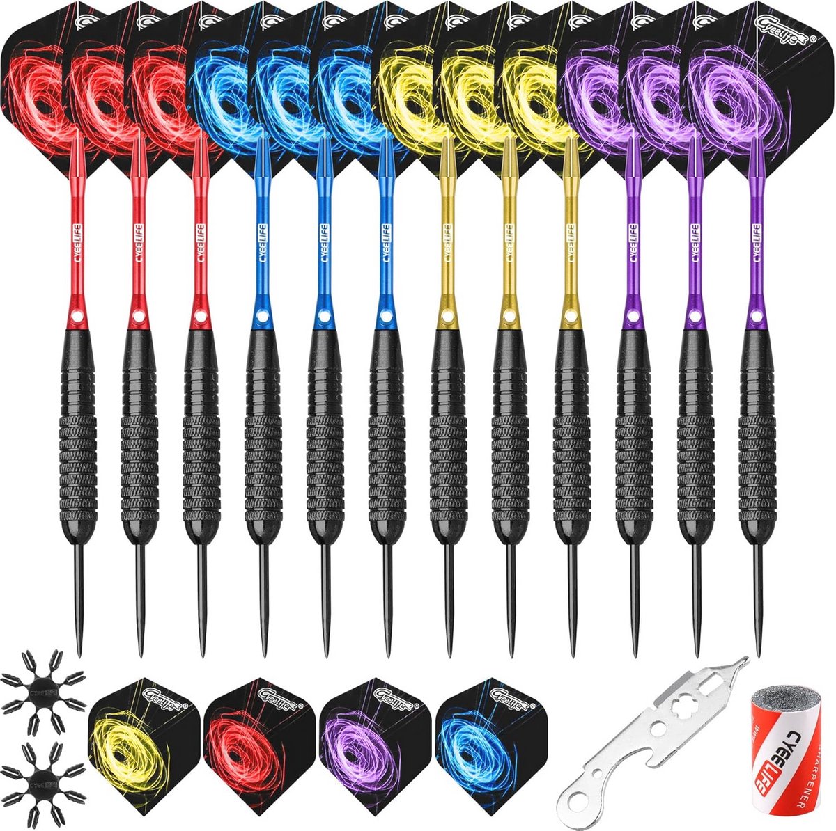 Stalen tip dartset 22/28 g met aluminium schachten en accessoires voor beginners