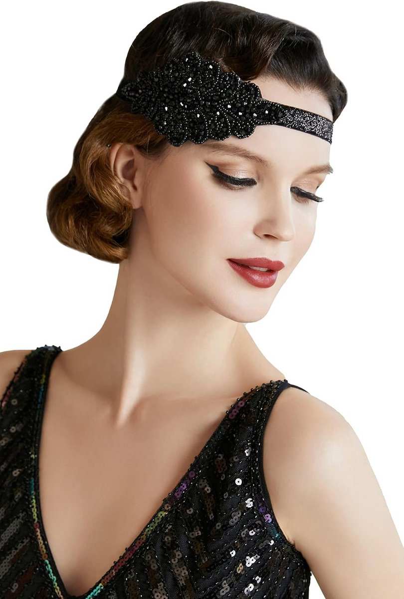 Vintage jaren '20 hoofdband met veren en kralen - Flapper kostuum accessoires