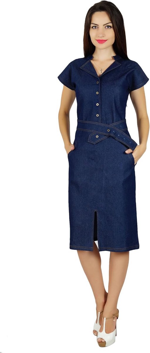 Casual Blauwe Denim Jurk voor Dames met Zakken en Cap Mouwen