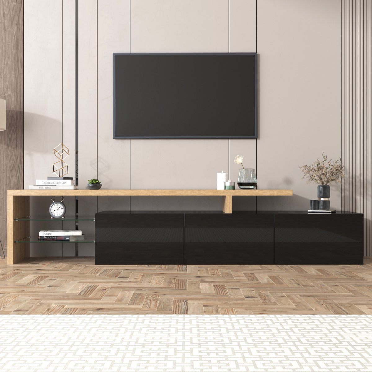 STILVORA TV-Meubel - Modern TV-Kast Met Hoogglans Zwart En Houtaccent - 7-Kleurige LED En Glasplanken - MDF - 197.5x39x42 cm - Lichtbruin+Zwart