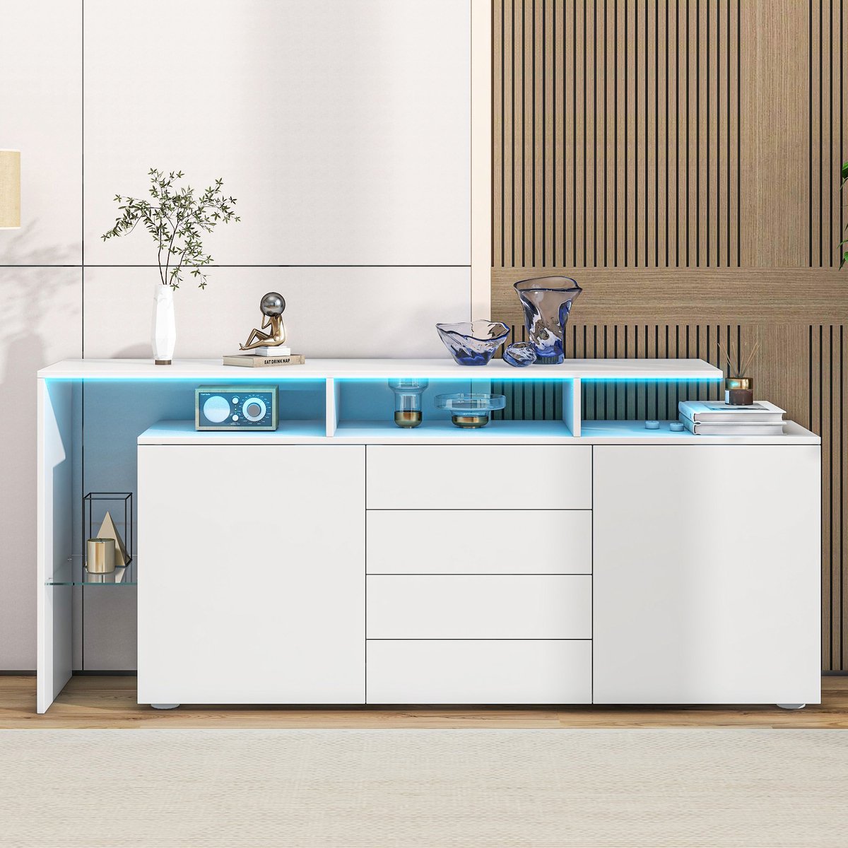 STILVORA Dressoir - Hoogglans Sideboard Met LED En App-Sturing - 2 Deuren 4 Lades 1 Glasvak 2 Open Vakken - Spaanplaat - 160x35x70 Cm - Wit