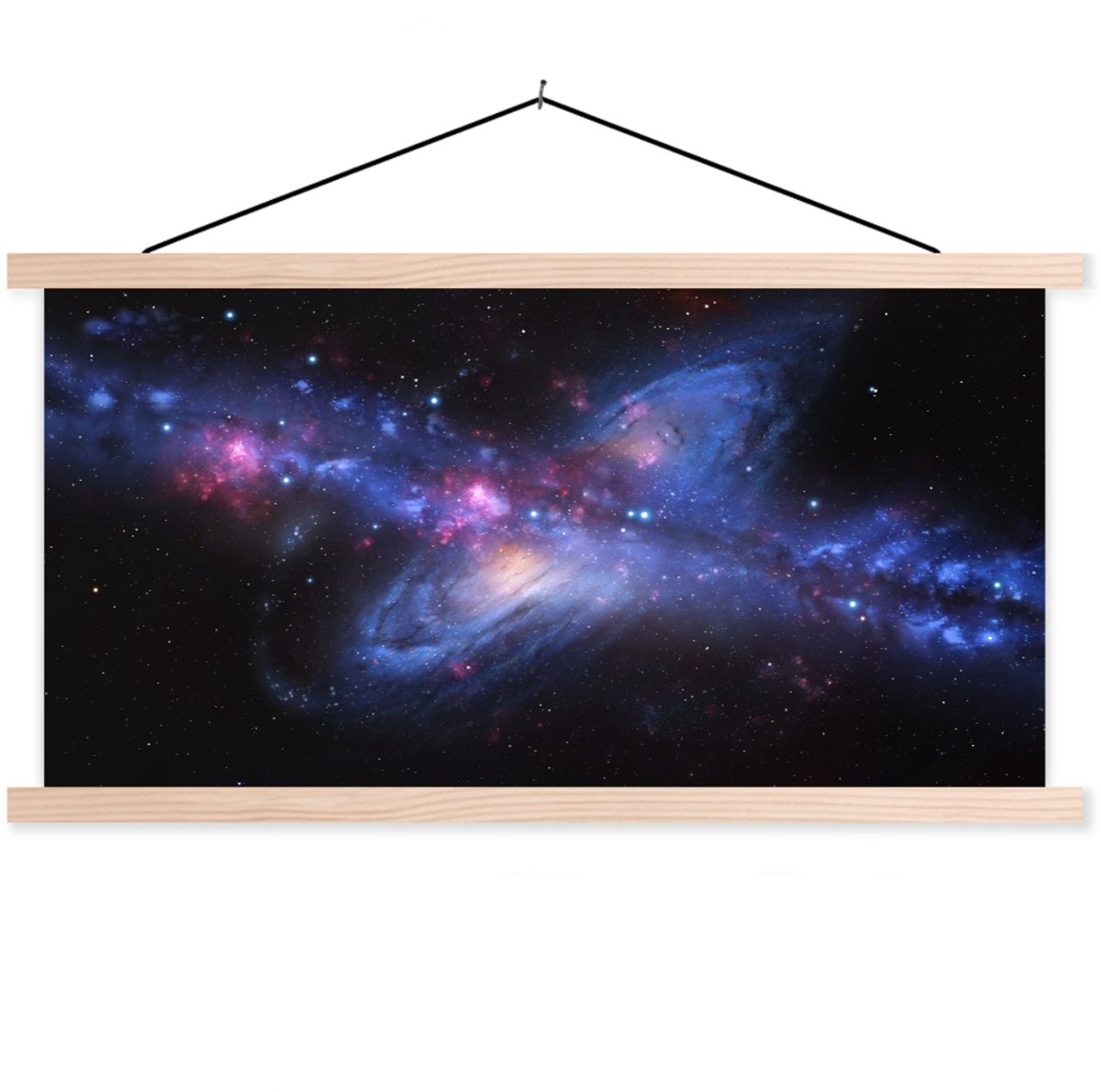 Posterhanger incl. Poster 90x45 cm - Schoolplaat - Een kleurrijke illustratie van de Melkweg - Textielposter - Blanke latten