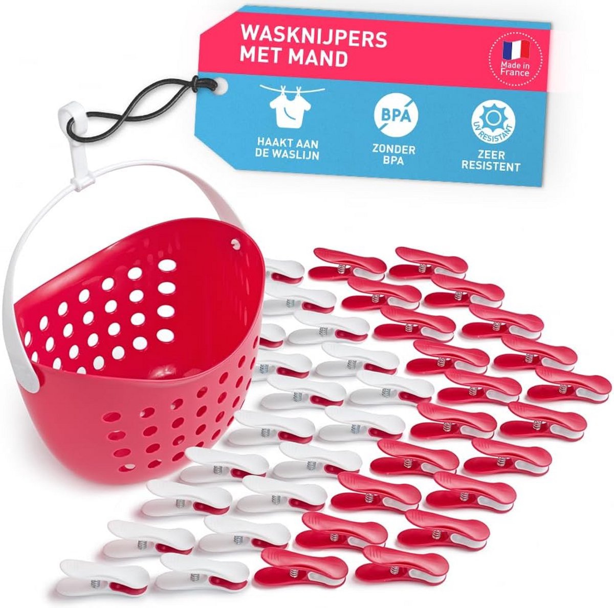 Zachte wasknijpers met mandje - 40 stuks in viva magenta en wit