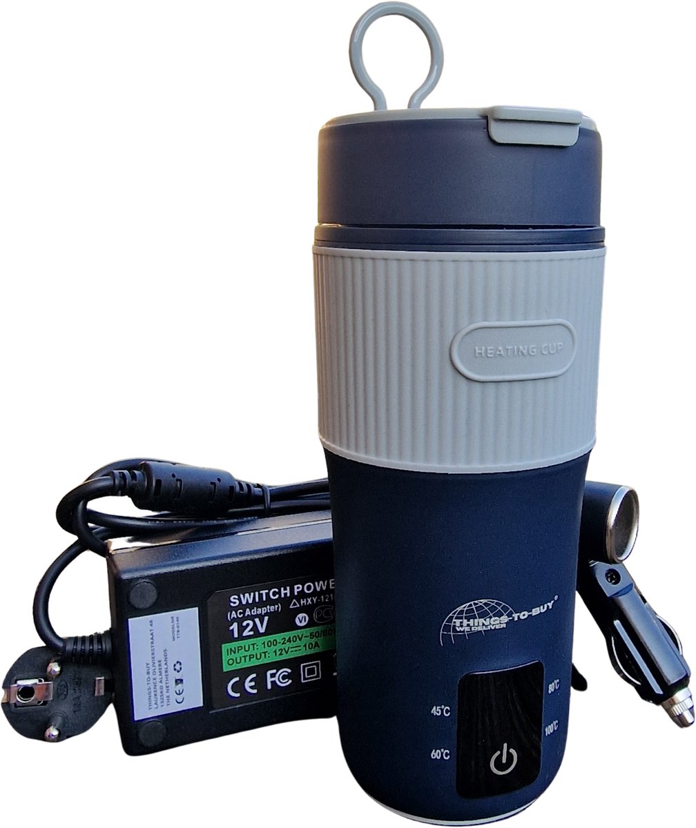 THINGS-TO-BUY – Elektrische waterkoker thermosbeker + 10A omvormer – 12V/24V – 400 ml – Verwarmt tot 100°C