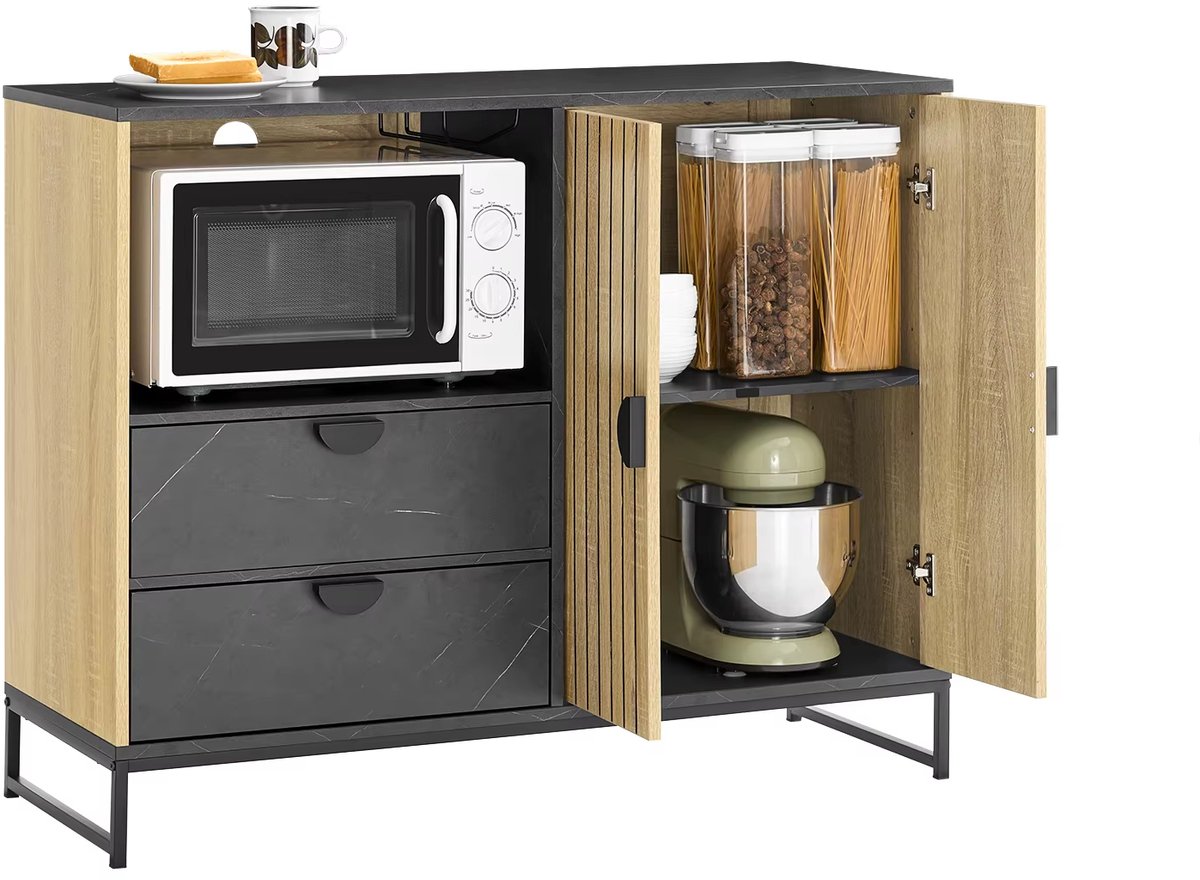 Magnetronkast - Keukenkast - Keukenrek Staand - Ovenkast - 107x40x85cm - Organizers - Dubbele Draagplank - Aanrecht Organiser - Natuur + Zwart