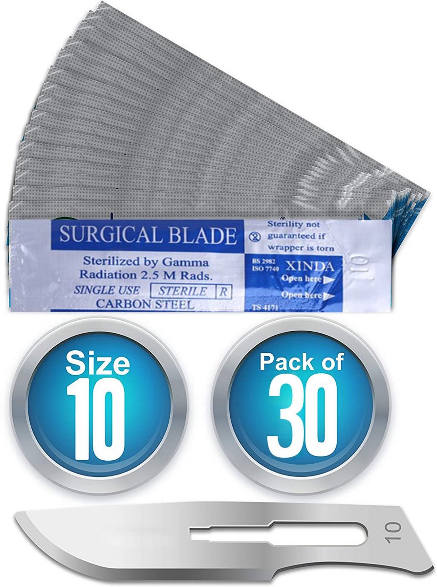 30 Steriele Scalpelmessen van Koolstofstaal - Bladmaat 45 mm - 10 Stuks