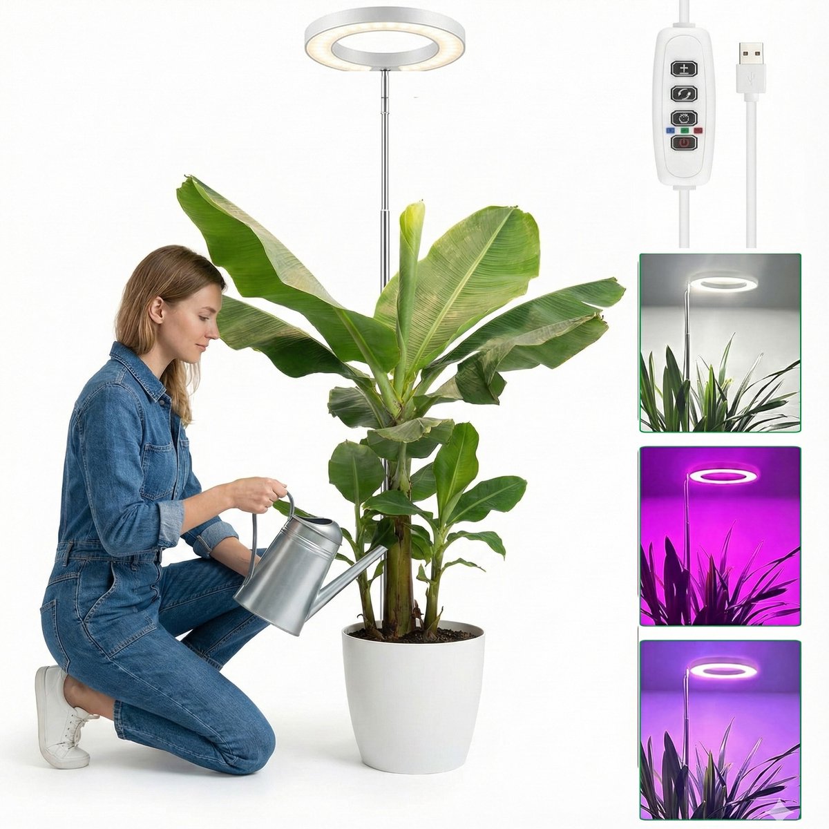 MUPOO Groeilamp Planten Wit 72 LEDS - Kweeklamp LED Full Spectrum - 16cm Ring - 10-Traps Dimmen - Verstelbaar (35-155cm) - Timer 3/9/12 - Ideaal voor Kamerplanten - Plantenlamp Binnen