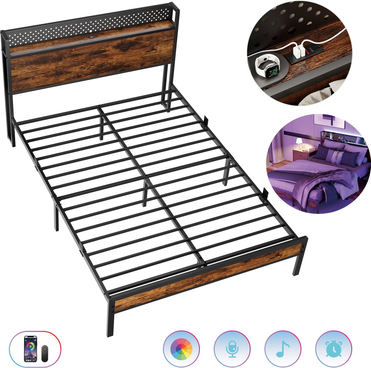 KUTAS Metalen Bed 140x190 cm - Minimalistisch Bedframe - Met Met LED Verlichting en USB Po