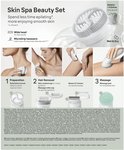 Afbeelding van de Braun Skin Spa Beauty Set. Toont de epilator, brede kop, MicroGrip pincetten, Wet & Dry functionaliteit, exfoliatieborstel, massagekop en scheer-/trimopzetstuk.