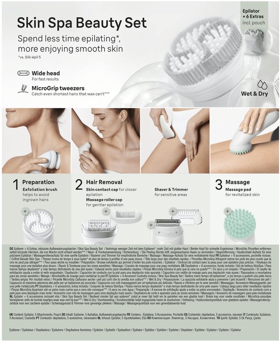 Afbeelding van de Braun Skin Spa Beauty Set. Toont de epilator, brede kop, MicroGrip pincetten, Wet & Dry functionaliteit, exfoliatieborstel, massagekop en scheer-/trimopzetstuk.