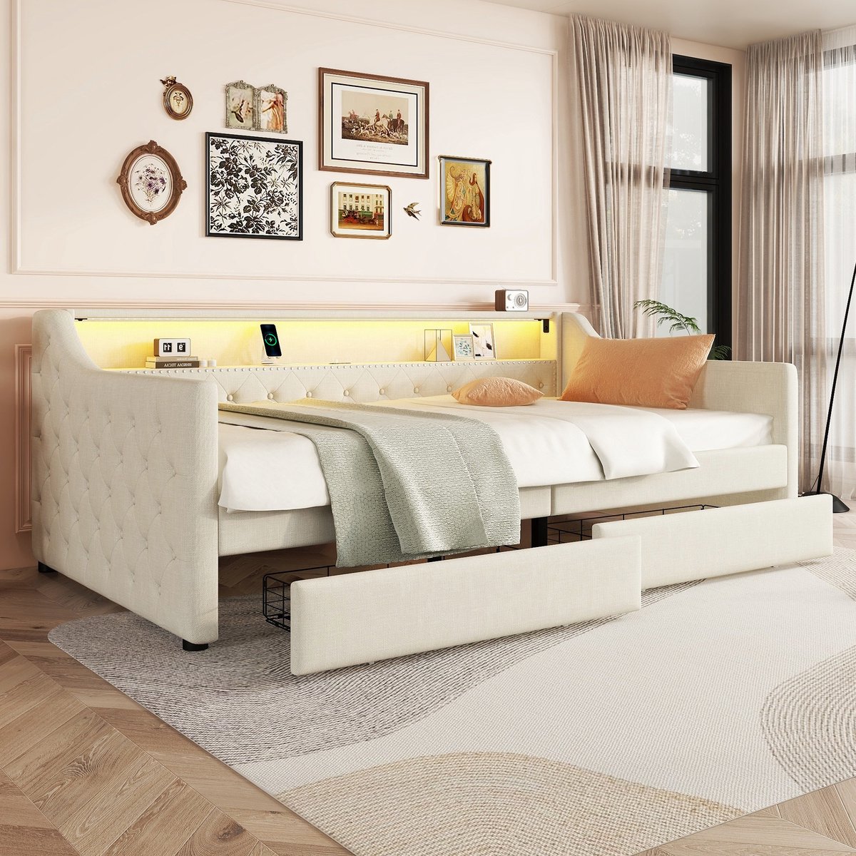 REDOM - Bed - Linnen & MDF, natuurlijke textuur - Met LED-omgevingslicht en USB-poort - 90x200 cm beige