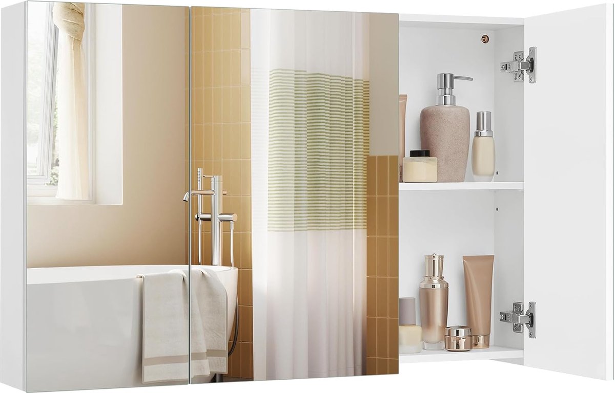 VASAGLE wandkast voor badkamer, kast met spiegel, 3 deuren, 15 x 90 x 60 cm, met verstelbare plank, modern, wit, BBK032W01