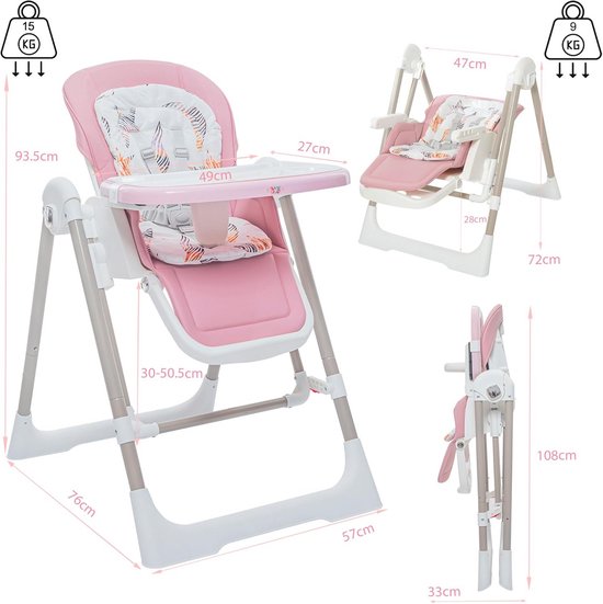 3in1 Kinderstoel met Verstelbare Hoogte en Voetsteun - Multifunctionele Kinderstoel en Schommel voor Baby's - Roze — afbeelding 3