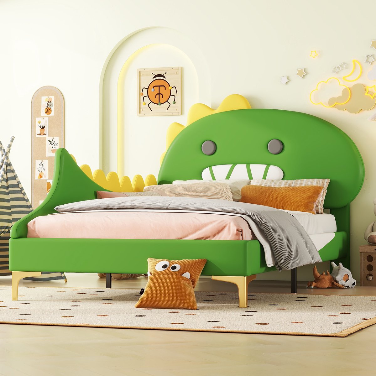 REDOM Kinderbed 90x200 cm van PU/MDF – Met cartoon dinosaurus hoofdbord – Groen Groente