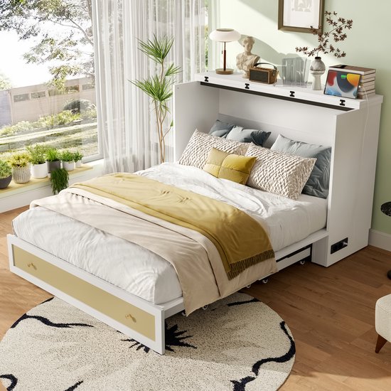 Wishdor – Kastbed 140x200 cm – Omvormbaar Platformbed – Met Lades & USB – Slim & Ruimtebesparend – MDF – Wit