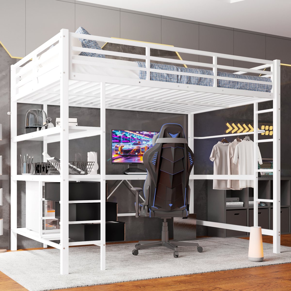 Wishdor Hoogslaper 140x200 cm – Met Bureau, LED & Stopcontact – Inclusief 3 Lades & Planken – Smart & Compleet – Metaal & MDF – Wit