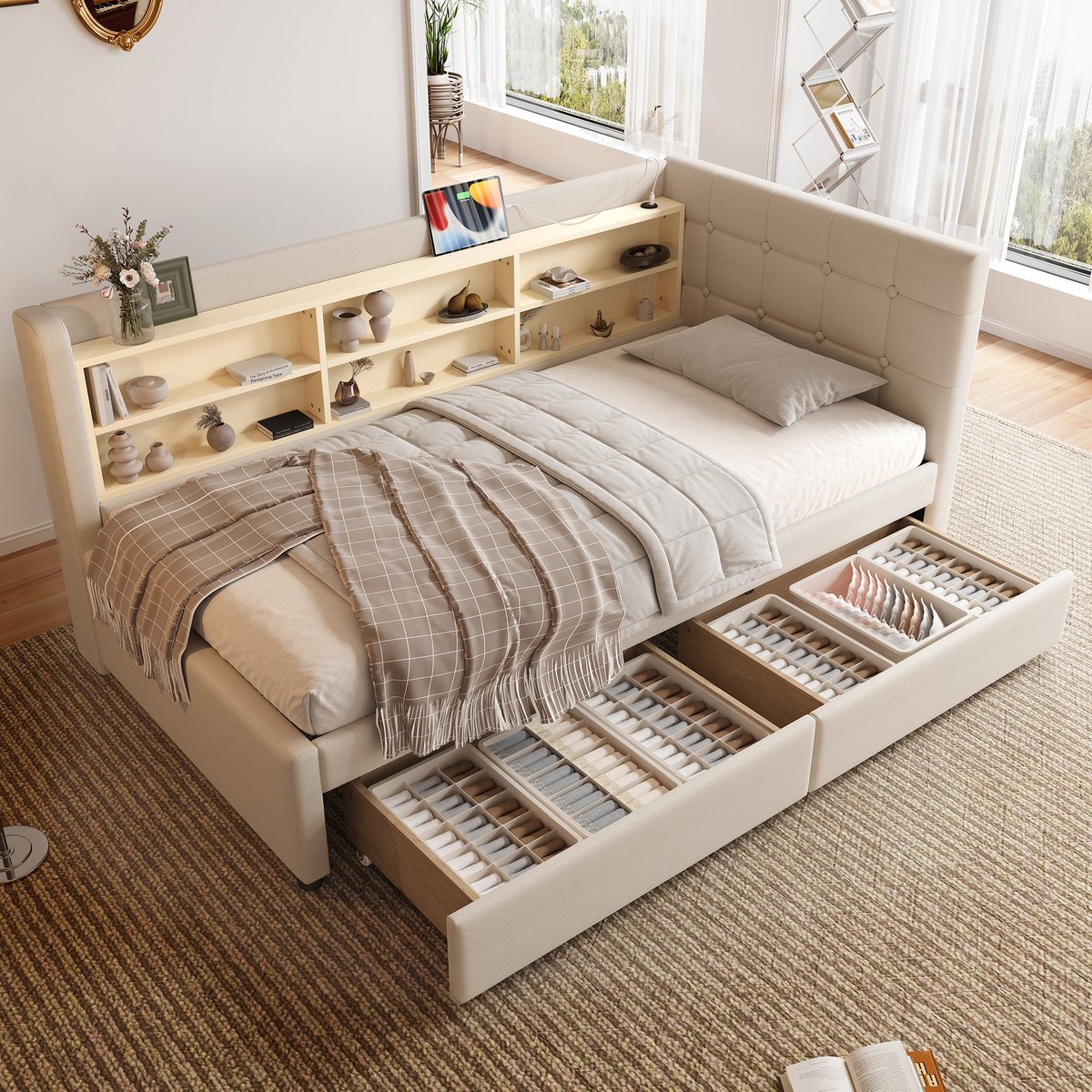 Wishdor Bedbank met 2 Lades 90x200 cm - Gestoffeerd Dagbed met Boekenkast Rugleuning, USB & Type-C - Linnen Beige