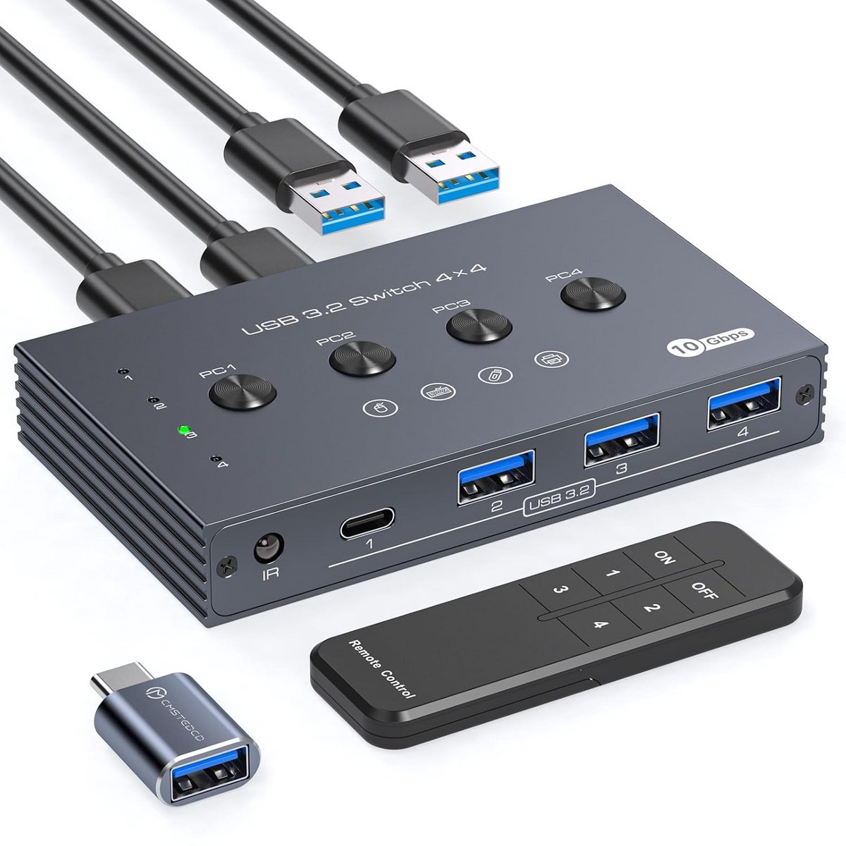 4-Poorts USB 3.2 Switch Selector met 10Gbps voor 4 Computers en USB-C Ondersteuning