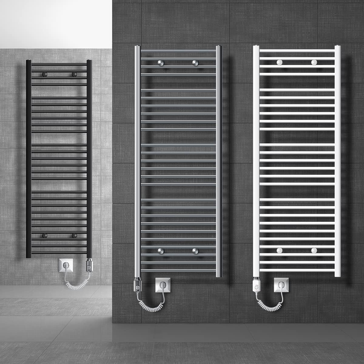 Elektrische Handdoekradiator Badkamer Verwarming 300x800mm Antraciet met Zijdelingse Aansluiting en 300W Chromen Verwarmingselement
