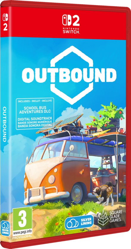 Gamehoes van Outbound voor Nintendo Switch, met een oranje camper en een hond.