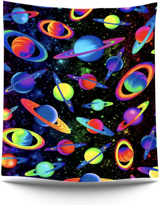 Ulticool Wandkleed - Planeten Sterren Heelal Astronaut - Glow in the Dark Decoratie - Magic - Psychedelic - Blacklight Party - 200x150 cm - UV Lamp - Groot wandtapijt voor Binnen - Poster - Neon Verlichting - Cadeau Tiener Jongen 10 11 12 13 14 Jaar